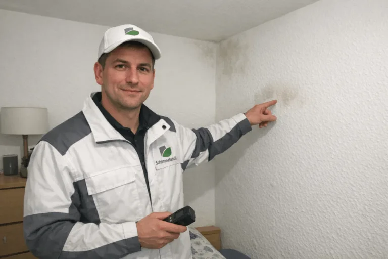 Fachmann von Wandschimmel Sanierung bei der Inspektion einer betroffenen Wandfläche im Innenraum