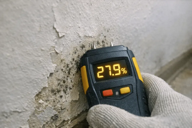 Techniker bei der kostenlosen Schadensanalyse der feuchten Wand